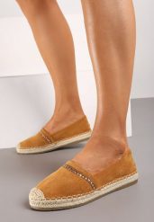 Brązowe Espadryle z Plecioną Podeszwą i Noskiem Effily. Brązowe espadryle Born2be, z aplikacjami, eleganckie, bez obcasa, na obcasie. Za 89.99 zł.