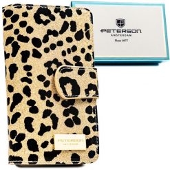 Złoty, pionowy portfel damski ze skóry ekologicznej i naturalnej w cętki, wyposażony w system RFID - Peterson. Żółte portfele Peterson, bez wzorów, ze skóry ekologicznej. Za 129.99 zł.