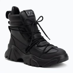 Trapery EA7 Emporio Armani Boot Flakes. Czarne traperki EA7 Emporio Armani, bez wzorów, z materiału, przed kolano, bez obcasa, bez zapięcia. Za 789.99 zł.