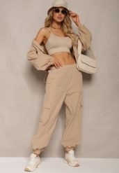 Beżowy Komplet Dresowy Spodnie Bojówki z Gumką w Pasie i Bluza na Suwak Zakończona Ściągaczem na Dole Tiazena. Brązowe bluzy Renee, l, bez wzorów, z dresówki, bez kaptura. W wyprzedaży za 135.99 zł.