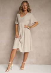 Beżowa Rozkloszowana Sukienka z Bawełnianej Tkaniny Lirioneae. Brązowe sukienki Renee, na co dzień, l, bez wzorów, z bawełny, eleganckie, bez kołnierzyka, bez ramiączek, midi, rozkloszowane. W wyprzedaży za 55.99 zł.