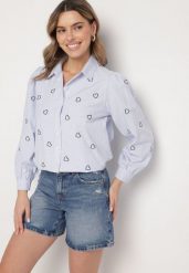 Niebiesko-Czarna Bawełniana Koszula z Ozdobnym Haftem Doviene. Niebieskie koszule Born2be, l, bez wzorów, z bawełny, eleganckie, bez kołnierzyka, bez ramiączek. W wyprzedaży za 55.24 zł.
