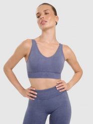 4F Biustonosz do jogi i pilatesu ze średnim wsparciem damski - granatowy XS/S. Niebieskie biustonosze sportowe 4f, bez wzorów, z gumy, do biegania. Za 119.99 zł.