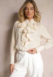 Beżowa Koszula z Wiskozy z Falbanami i Biżuteryjnymi Guzikami Tasvila. Brązowe koszule Renee, m, bez wzorów, z jeansu, eleganckie, bez kołnierzyka, bez ramiączek. W wyprzedaży za 107.99 zł.