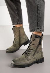 Zielone Botki Workery ze Sznurowaniem i Zapięciem na Suwak Vemida. Zielone botki Born2be, bez wzorów, z jeansu, eleganckie, bez obcasa, na płaskiej podeszwie, bez zapięcia. Za 99.99 zł.