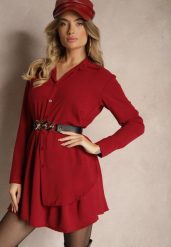 Bordowa Koszulowa Sukienka o Asymetrycznym Rozkloszowanym Kroju z Gumką w Talii Eloriana. Czerwone sukienki Renee, na co dzień, bez wzorów, eleganckie, z asymetrycznym kołnierzem, bez ramiączek, mini, asymetryczne. W wyprzedaży za 63.99 zł.