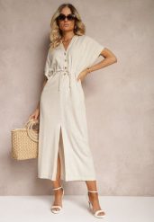Beżowa Sukienka z Bawełny z Górą o Koszulowym Kroju Ściągana w Pasie Viklia. Brązowe sukienki Renee, na co dzień, l, z aplikacjami, z bawełny, eleganckie, bez kołnierzyka, bez ramiączek, maxi, koszulowe. W wyprzedaży za 99.99 zł.