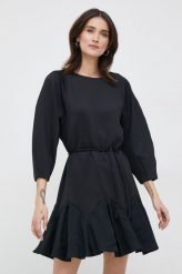 Sisley sukienka kolor czarny mini rozkloszowana. Czarne sukienki Sisley, bez wzorów, z dzianiny, bez kołnierzyka, bez ramiączek, mini, rozkloszowane. Za 419.99 zł.