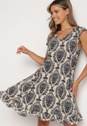 Granatowo-Beżowa Bawełniana Sukienka w Stylu Boho na Ramiączkach z Falbanką Zaelle. Niebieskie sukienki Born2be, na co dzień, l, bez wzorów, z bawełny, boho, bez kołnierzyka, bez ramiączek. Za 39.99 zł.