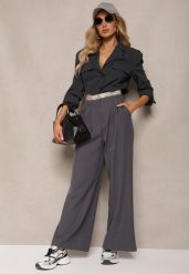 Szare Szerokie Spodnie w Stylu Garniturowym High Waist Folara. Szare jeansy Renee, l, bez wzorów, z jeansu, biznesowe, z podwyższonym stanem. W wyprzedaży za 107.99 zł.