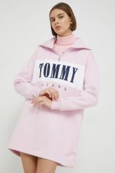 Tommy Jeans sukienka kolor różowy mini oversize. Czerwone sukienki Tommy Jeans, l, z aplikacjami, z bawełny, bez kołnierzyka, bez ramiączek, mini, oversize. Za 539.99 zł.
