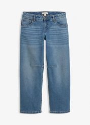 Jeansy o kroju barrel, mid waist. Niebieskie jeansy bonprix, bez wzorów, z jeansu. Za 122.99 zł.