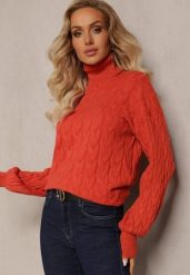 Pomarańczowy Sweterkowy Golf o Warkoczykowym Splocie Taitusi. Brązowe swetry Renee, na zimę, bez wzorów, ze splotem, bez ramiączek. Za 89.99 zł.
