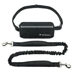 Pas biodrowy do biegania z psem smycz elastyczna saszetka hands free. Czarne nerki i saszetki Wozinsky, bez wzorów, bez dodatków. Za 49.99 zł.