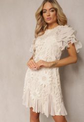 Beżowa Sukienka Dopasowana Mini z Koronką i Falbankami Offiamea. Brązowe sukienki Renee, na co dzień, l, z aplikacjami, z koronki, eleganckie, bez kołnierzyka, bez ramiączek, mini, dopasowane. W wyprzedaży za 151.99 zł.