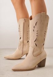Beżowe Ażurowe Botki Kowbojki VICES na Słupku Falenatea. Brązowe botki Renee, w ażurowe wzory, z jeansu, eleganckie, bez obcasa, na obcasie, bez zapięcia. Za 179.99 zł.
