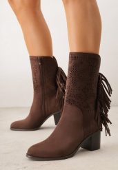 Ciemnobrązowe Botki Ażurowe Kowbojki z Wkładką ze Skóry Nauralnej i Frędzlami Cezive. Brązowe botki Renee, w ażurowe wzory, ze skóry, bez obcasa, na obcasie, bez zapięcia. Za 219.99 zł.
