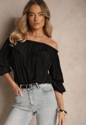 Czarna Bluzka z Wiskozą Ozdobiona Falbanami Melzivia. Czarne bluzki Renee, bez wzorów, z wiskozy, eleganckie, bez kołnierzyka, bez ramiączek. W wyprzedaży za 43.99 zł.