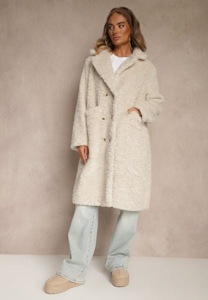 Beżowy Futrzany Płaszcz o Długim Kroju Typu Teddy Tadelia. Brązowe płaszcze Renee, l, bez wzorów, z futra, klasyczne, bez kaptura. Za 379.99 zł.