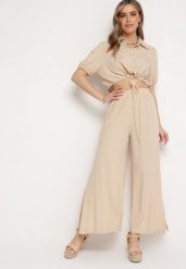 Jasnobeżowy Bawełniany Komplet z Krótką Koszulą i Szerokimi Spodniami z Rozcięciami Denara. Brązowe koszule Born2be, xl, bez wzorów, z bawełny, eleganckie, bez kołnierzyka, bez ramiączek. Za 99.99 zł.