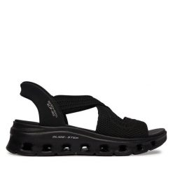 Sandały Skechers. Czarne sandały Skechers, bez wzorów, bez obcasa, na płaskiej podeszwie, bez zapięcia. Za 359.99 zł.