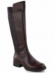 Skórzane brązowe kozaki z elastyczną gumą ocieplane Rieker Z9591-27. Brązowe kozaki Rieker, bez wzorów, z gumy, bez obcasa, bez zapięcia. Za 529.00 zł.