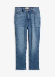 Jeansy o kroju slim, high waist, cropped. Niebieskie jeansy bonprix, bez wzorów, z jeansu, z podwyższonym stanem. Za 124.99 zł.