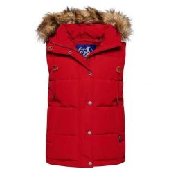 Damska kurtka puchowa bez rękawów ze sztucznego futra Superdry Everest. Zielone kurtki Superdry, l, z aplikacjami, z nylonu, eleganckie, bez kaptura. Za 445.15 zł.