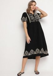 Czarna Bawełniana Sukienka Boho o Rozkloszowanym Kroju Zdobiona Haftem Lannivra. Czarne sukienki Born2be, na co dzień, l, z aplikacjami, z bawełny, boho, bez kołnierzyka, bez ramiączek, midi, rozkloszowane. Za 139.99 zł.