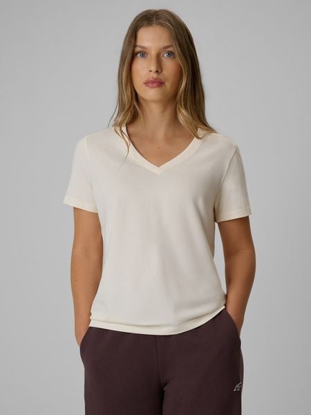 4F T-shirt regular gładki damski - kremowy S. Białe t-shirty 4f, s, bez wzorów, z bawełny, biznesowe, bez kołnierzyka, bez ramiączek. Za 59.99 zł.