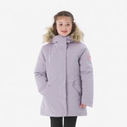 Parka turystyczna zimowa dla dzieci Quechua NH900. Fioletowe płaszcze QUECHUA, na zimę, bez wzorów, eleganckie, bez kaptura. Za 289.99 zł.