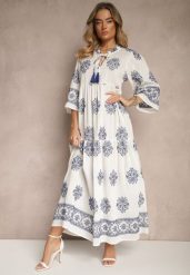Biała Boho Sukienka z Wiskozą Zdobiona Haftem i Wiązaniem z Frędzlami Alinoria. Białe sukienki Renee, na co dzień, m, z aplikacjami, z wiskozy, boho, bez kołnierzyka, bez ramiączek, maxi. W wyprzedaży za 159.99 zł.