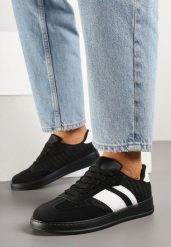 Czarne Sneakersy Typu Tenisówki z Ozdobnymi Paskami Amodelle. Czarne trampki Born2be, bez wzorów, z jeansu, eleganckie, bez zapięcia. W wyprzedaży za 76.49 zł.