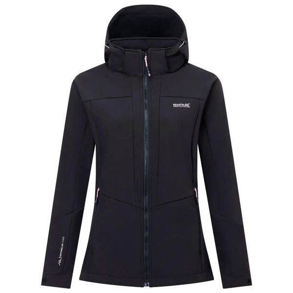 Damska kurtka softshell Desoto. Czarne kurtki przejściowe sportowe Regatta, bez wzorów, z materiału, z kapturem, trekkingowe. Za 615.00 zł.