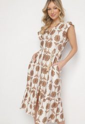 Biało-Beżowa Kwiatowa Sukienka z Bawełną i Falbanką Efanelia. Brązowe sukienki Born2be, na co dzień, l, bez wzorów, z bawełny, eleganckie, bez kołnierzyka, bez ramiączek, midi, proste. Za 119.99 zł.