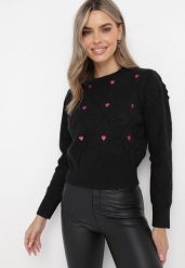 Czarny Sweter o Klasycznym Fasonie z Ozdobnym Haftem Aggela. Czarne swetry Born2be, m, bez wzorów, klasyczne, bez ramiączek. W wyprzedaży za 84.99 zł.
