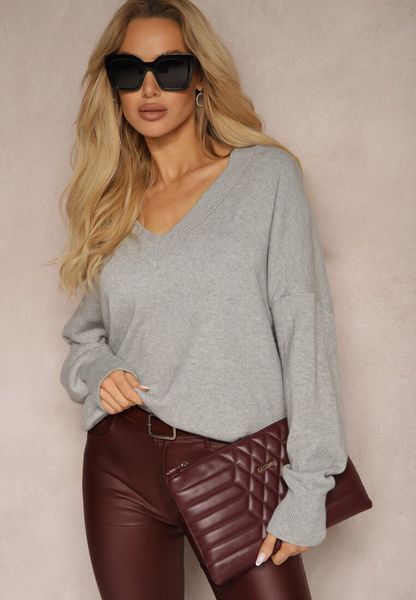 Szary Klasyczny Sweter z Wiskozą i Kaszmirem Marirra. Szare swetry Renee, bez wzorów, z jeansu, biznesowe, bez ramiączek. Za 119.99 zł.