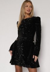 Czarna Cekinowa Sukienka Koktajlowa z Geometrycznymi Ramionami Reffera. Czarne sukienki Born2be, na imprezę, l, bez wzorów, eleganckie, bez kołnierzyka, bez ramiączek, maxi, rozkloszowane. Za 199.99 zł.