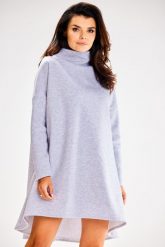 Trapezowa Sukienka Dresowa ze Stójką - Szara. Szare sukienki Awama, l, bez wzorów, z bawełny, bez kołnierzyka, bez ramiączek, rozkloszowane. Za 222.90 zł.