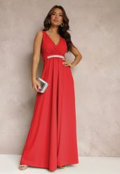 Czerwona Rozkloszowana Sukienka z Wycięciem i Paskiem w Cyrkonie Elineta. Czerwone sukienki Renee, l, bez wzorów, z materiału, eleganckie, bez kołnierzyka, bez ramiączek, maxi, rozkloszowane. W wyprzedaży za 99.99 zł.