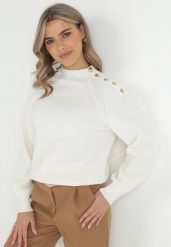 Biały Sweter Dzianinowy z Długim Rękawem i Guzikami Omes. Białe swetry Born2be, bez wzorów, z dzianiny, bez ramiączek. W wyprzedaży za 118.99 zł.