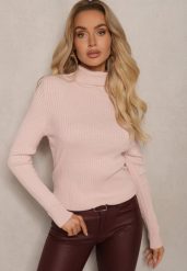 Jasnoróżowy Klasyczny Golf z Prążkowanego Materiału Belikorre. Czerwone swetry Renee, m, bez wzorów, z jeansu, eleganckie, bez ramiączek. W wyprzedaży za 63.99 zł.