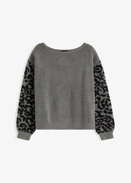Sweter z dzianiny ze strukturą. Szare swetry bonprix, bez wzorów, z dzianiny, eleganckie, bez ramiączek. Za 129.99 zł.