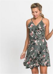 Sukienka na ramiączkach, z falbanami. Zielone sukienki bonprix, bez wzorów, bez kołnierzyka, bez ramiączek. Za 179.99 zł.