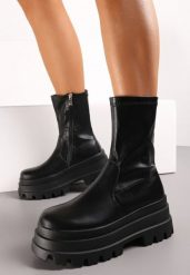 Czarne Botki Workery na Platformie z Dopasowaną Cholewką Esallina. Czarne botki Renee, bez wzorów, z jeansu, eleganckie, bez obcasa, na platformie, bez zapięcia. Za 179.99 zł.