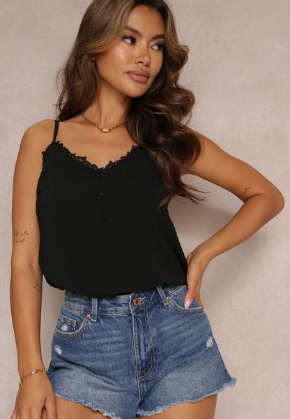 Czarny Top Ozdobiona Koronką z Tkaniny Plumeti Assunta. Czarne topy Renee, m, bez wzorów, z koronki, eleganckie, bez kołnierzyka, bez ramiączek. Za 69.99 zł.