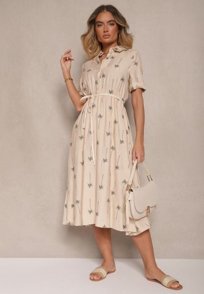 Beżowa Koszulowa Sukienka z Wiskozy o Rozkloszowanym Kroju z Wiązaniem Liselithra. Brązowe sukienki Renee, na co dzień, l, bez wzorów, z wiskozy, eleganckie, bez kołnierzyka, bez ramiączek, midi, koszulowe. Za 149.99 zł.