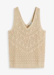 Ażurowy top z dzianiny z domieszką bawełny. Brązowe topy bonprix, w ażurowe wzory, z bawełny, bez kołnierzyka, bez ramiączek. Za 69.99 zł.