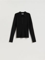 Bluzka z kołnierzykiem - czarny. Czarne bluzki Reserved, l, bez wzorów, z dzianiny, bez kołnierzyka, bez ramiączek. Za 119.99 zł.