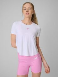 4F Koszulka treningowa regular szybkoschnąca damska - biała XL. Białe t-shirty sportowe 4f, xl, bez wzorów, ze skóry, bez ramiączek, na fitness i siłownię. Za 129.99 zł.